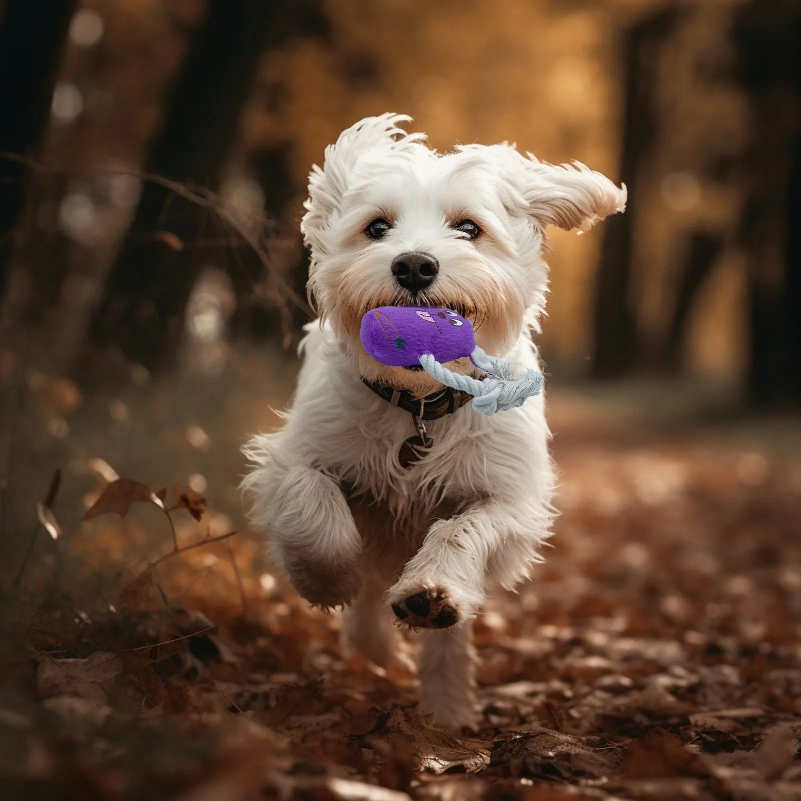 Blue teddy dog toy shaped like a bone with a corn fleece lining and integrated sound module
