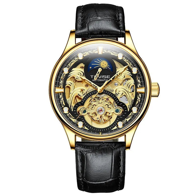 Men's automatic waterproof mechanical watch with leather strap and stainless steel case