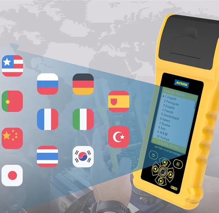 Autool BT760 vehicle battery tester with colour screen, test clips, and printed diagnostic receipt.