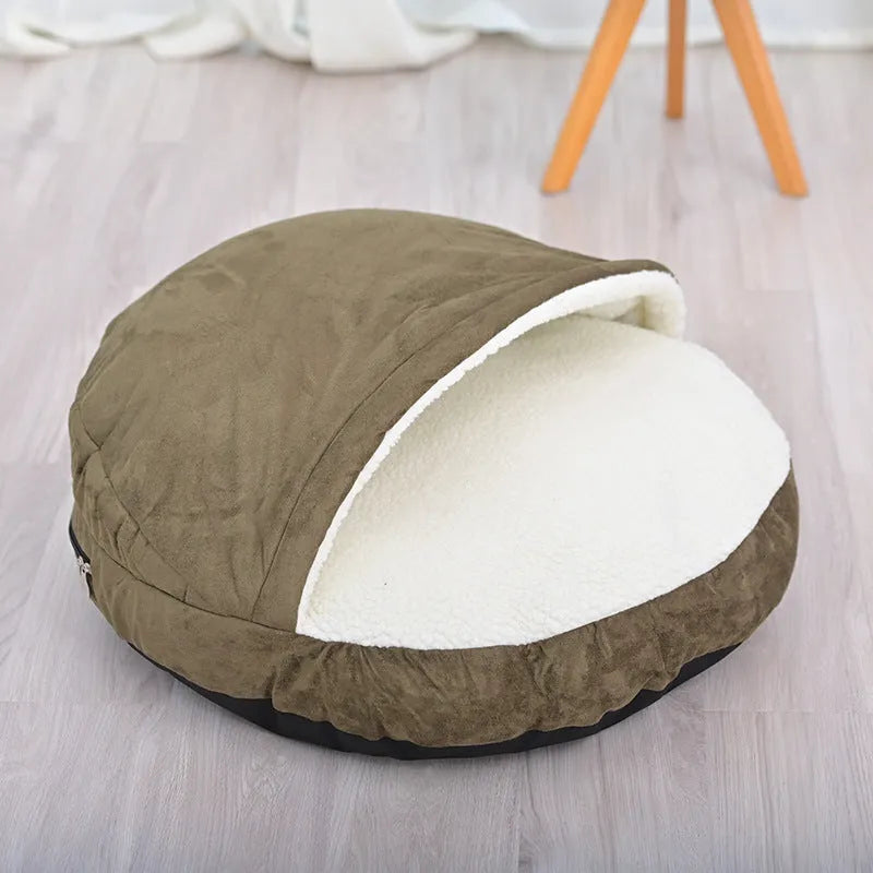 Brown removable cloth dog kennel bed with washable cover shown in a home setting.