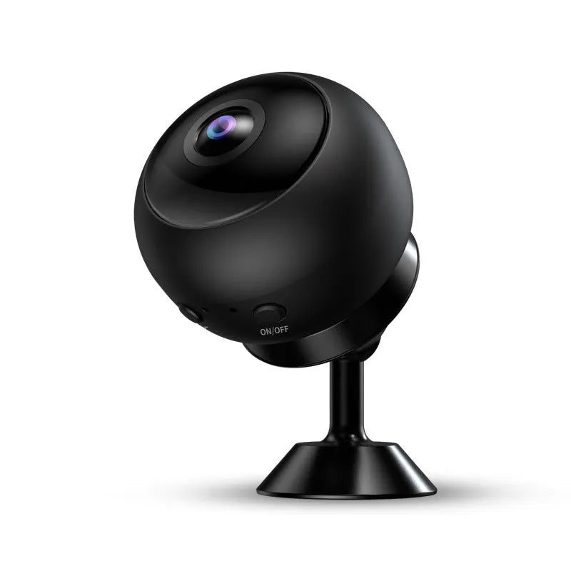 1080p wireless WiFi surveillance camera with ABS housing and USB cable on a white background.