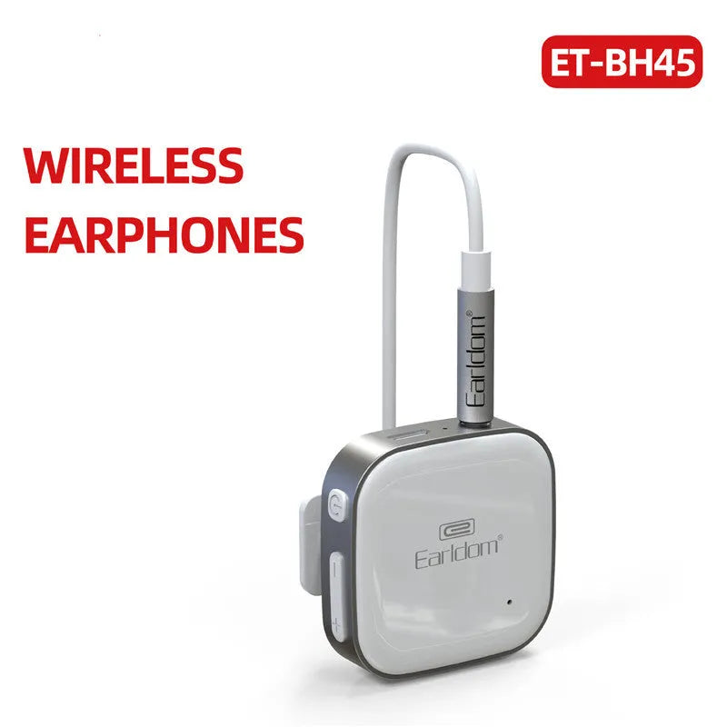 Black Bluetooth lavalier headset with clip, shown alongside packaging.