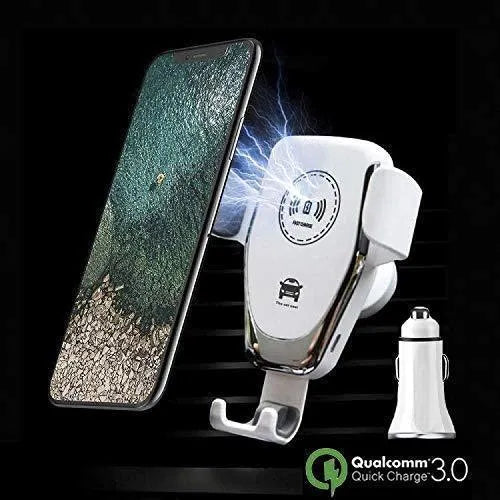 Black wireless car charger mounted on vehicle vent with iPhone secured in automatic clamping mechanism
