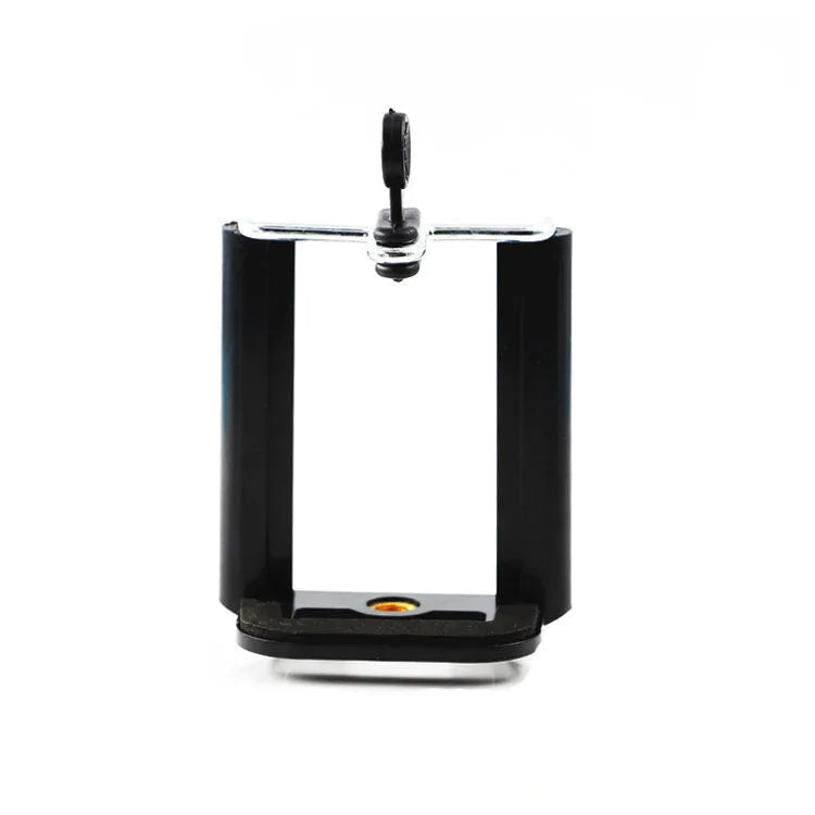 Black plastic U-shaped clip holder for mounting a mobile phone on a pipe or rail.