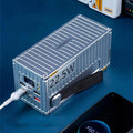 50000mAh yellow black silver plastic power bank with digital display and five USB output ports.