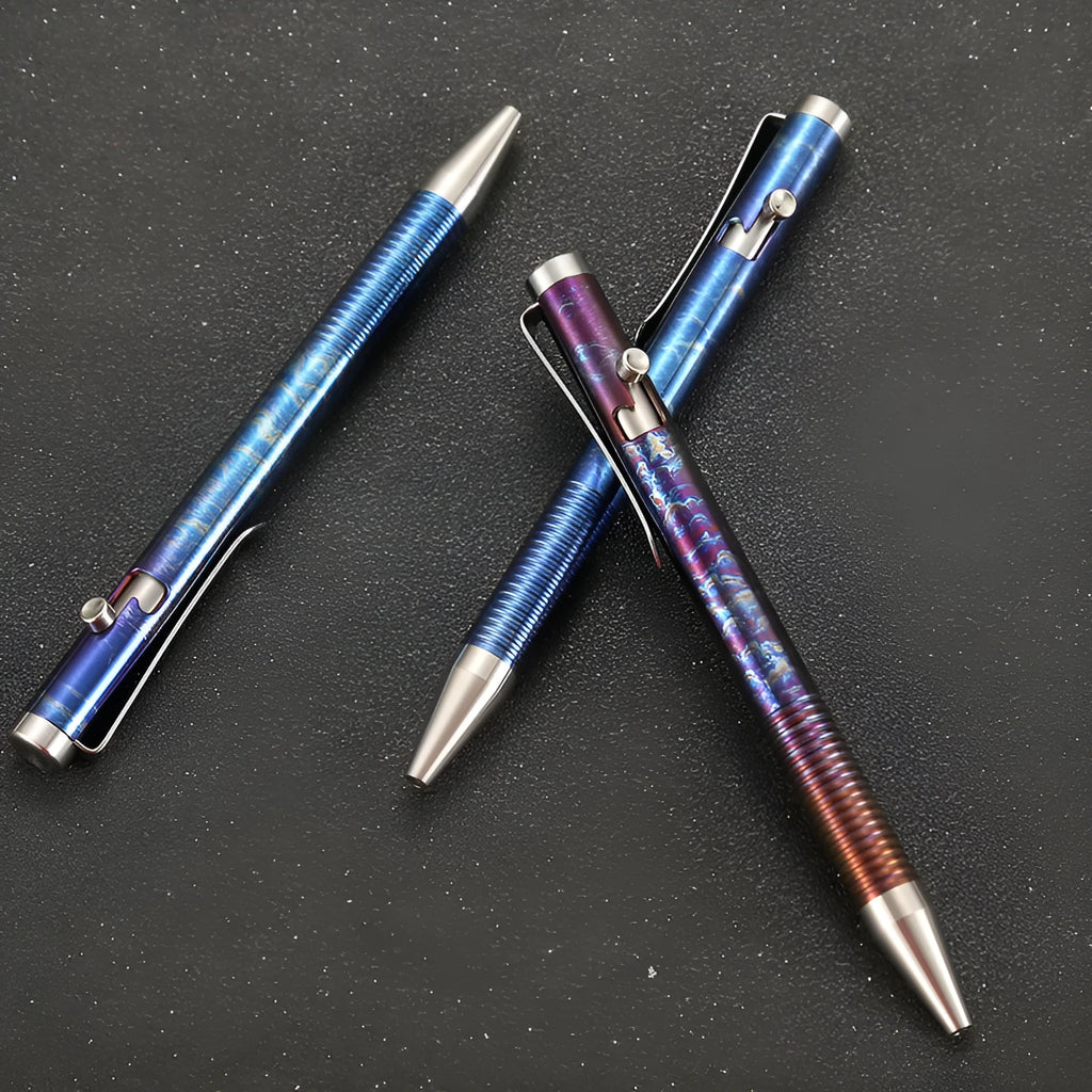 Titanium alloy ballpoint pen with gun bolt handle in a randomised phantom colour finish
