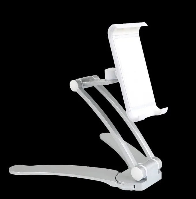 Silver aluminum alloy desktop tablet stand holding a tablet at adjustable angle with white mounting base