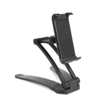 Silver aluminum alloy desktop tablet stand holding a tablet at adjustable angle with white mounting base