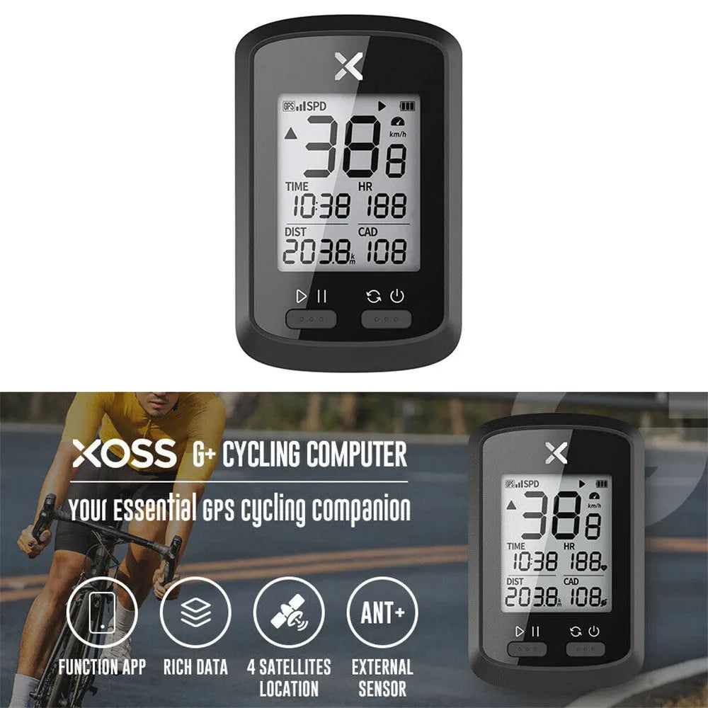 Black waterproof bicycle stopwatch with colour display mounted on bike handlebars.