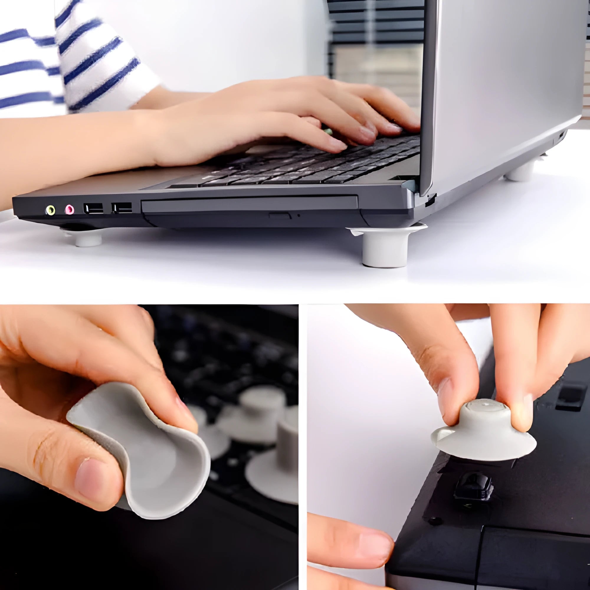 Set of four grey non-slip plastic cooling pads for laptops, shown in two different sizes.