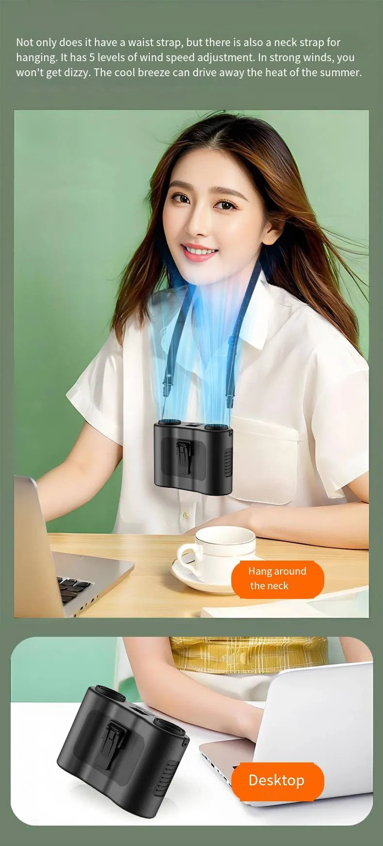 Grey waist-hung personal fan with neck lanyard showing mini-sized portable design