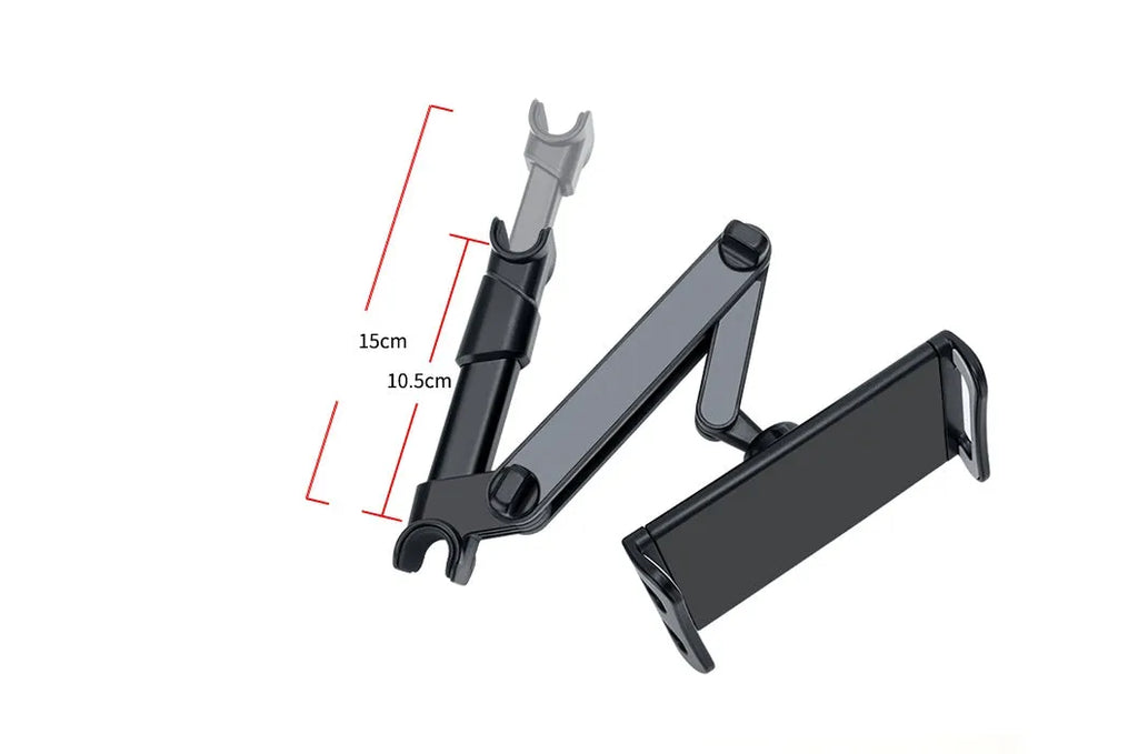 Black plastic car phone holder attached to a vehicle rear seat base holding a tablet