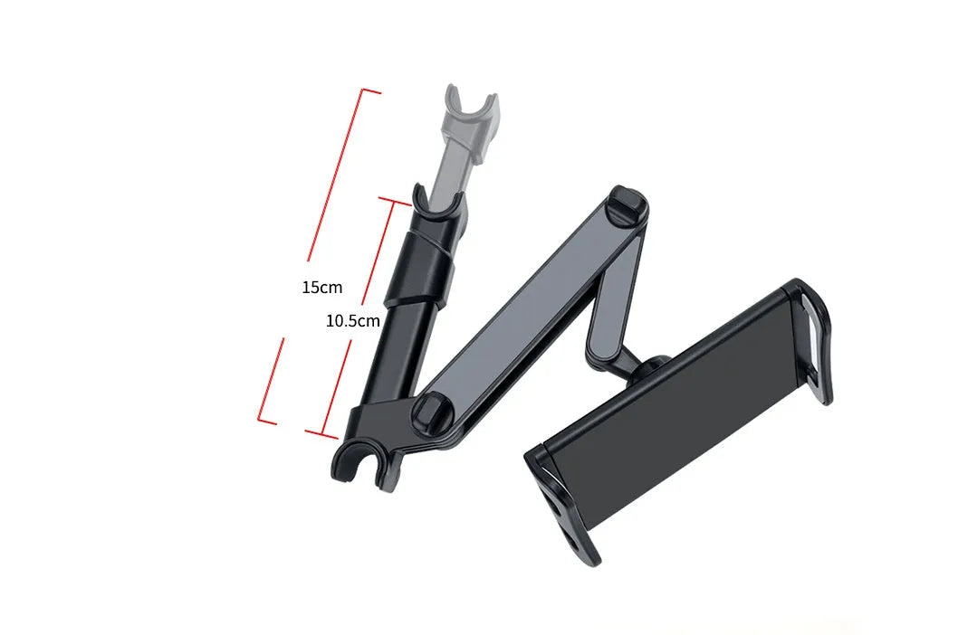 Black plastic car phone holder attached to a vehicle rear seat base holding a tablet