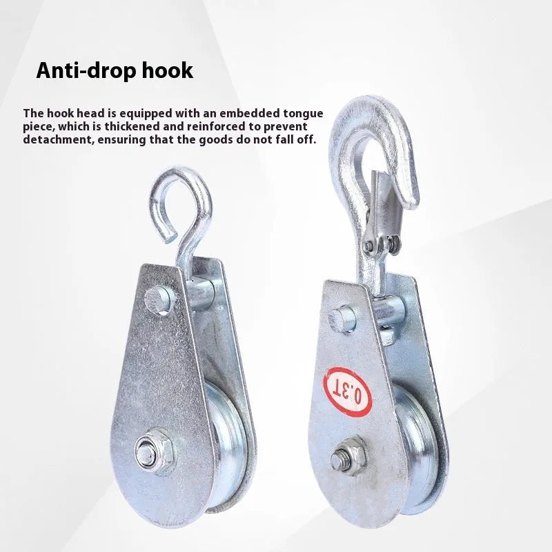 Red industrial lifting pulley with safety latch and forged steel construction