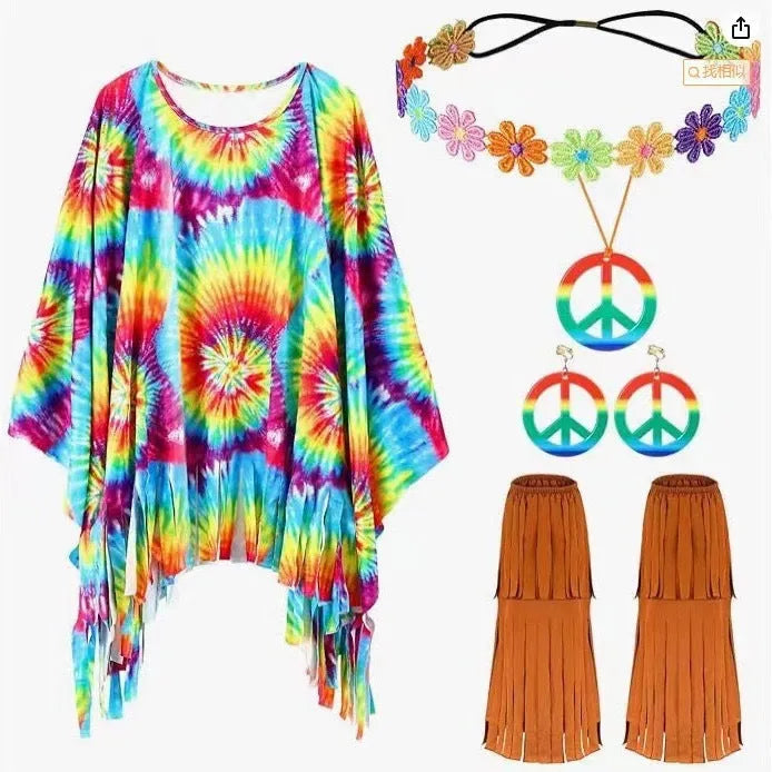Colourful tie dye cloak costume with bell sleeves on a mannequin, showing pink and rainbow print on black spandex