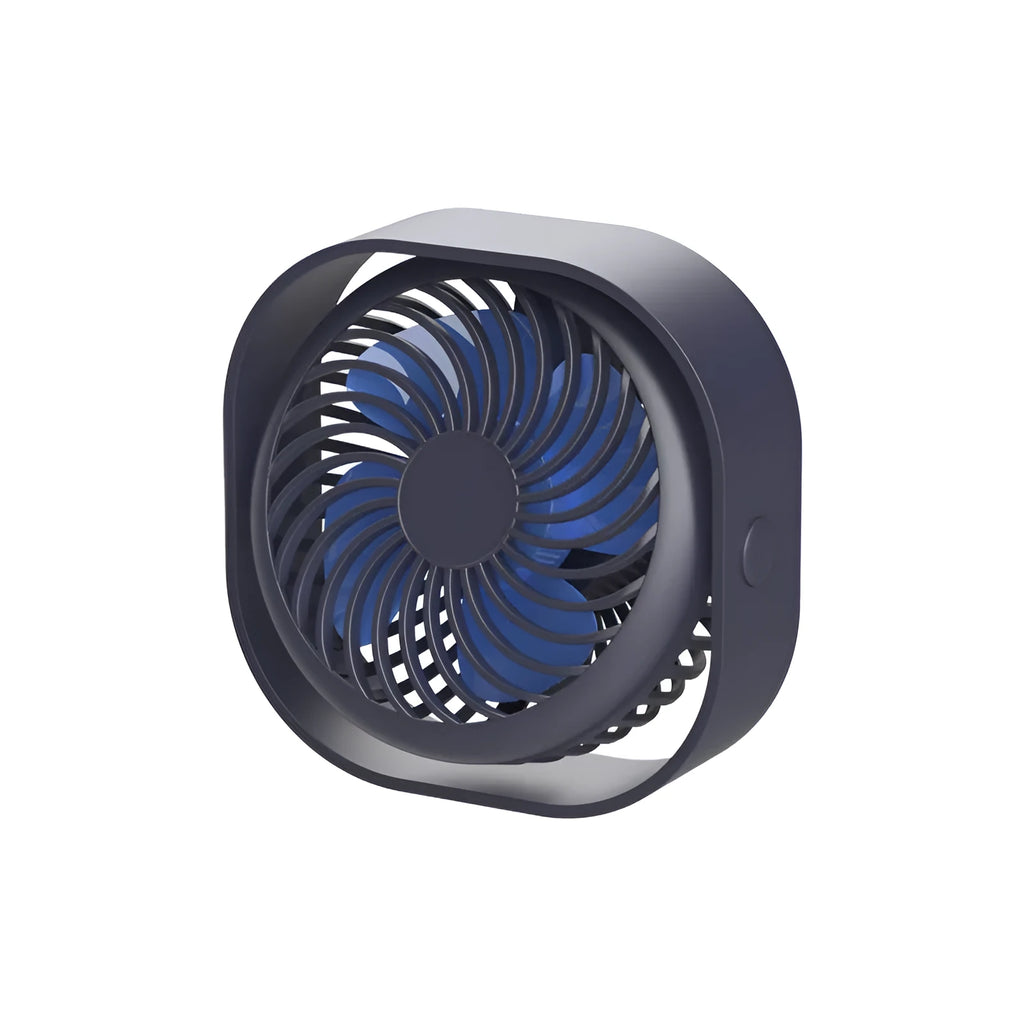 USB desk fan with alarm clock display in blue, showing rotating head on a modern base.