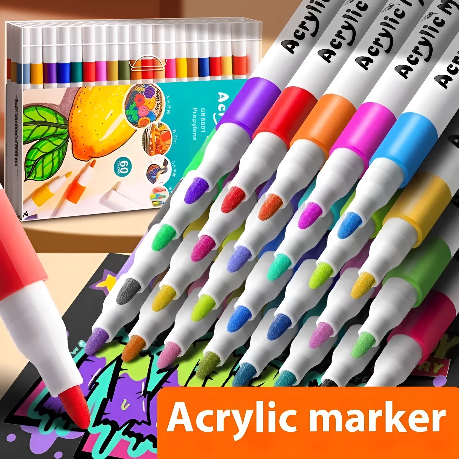 Boxed set of multicoloured True Color acrylic marker pens for students and artists.