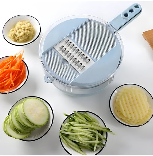 8-in-1 mandoline vegetable slicer with stainless blades, hand guard, and container in blue