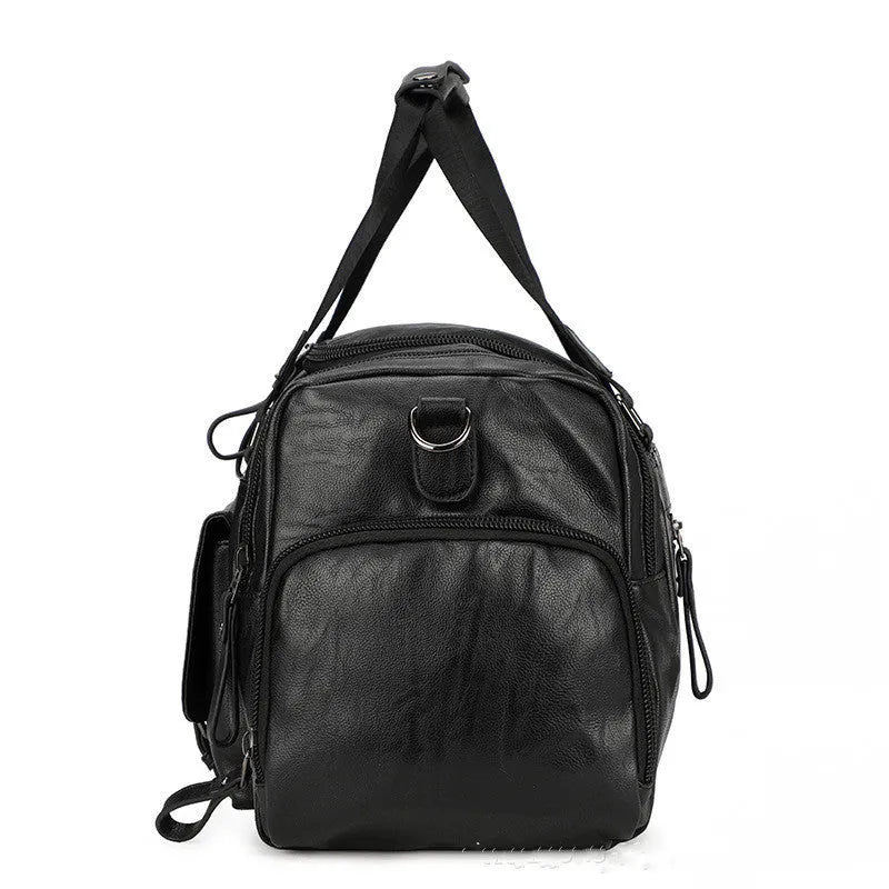 Black PU travel bag with separate shoe compartment measuring 52cm height