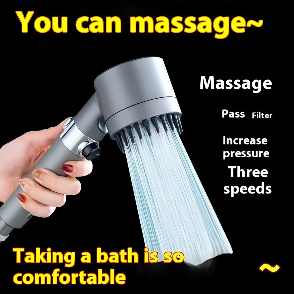 Portable shower head with modern design showing adjustable gear settings for spray, massage, and rain shower functions