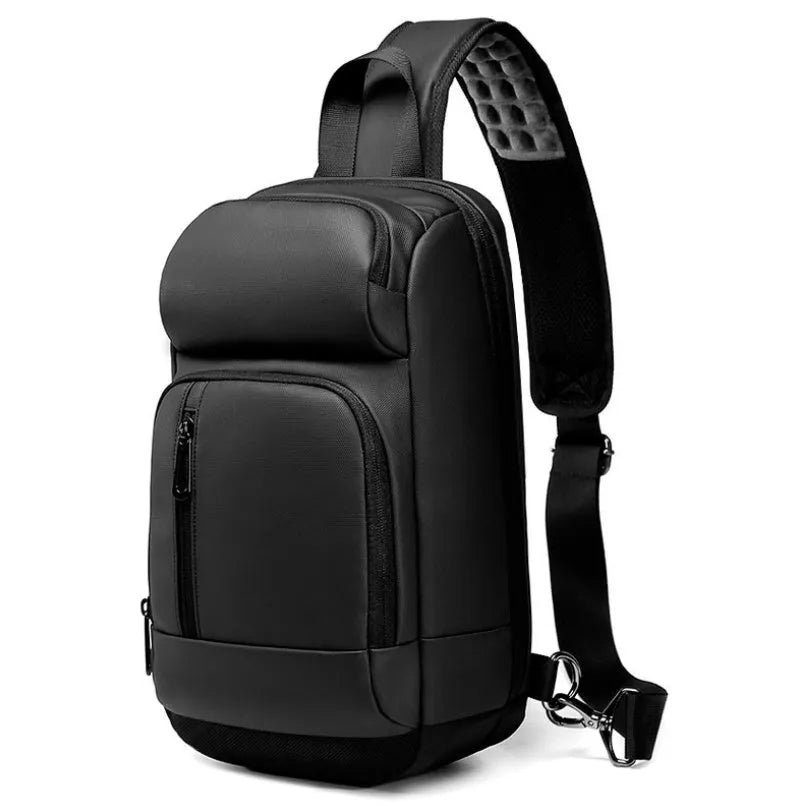 Black outdoor shoulder bag with air cushion strap showing internal laptop and organiser pockets