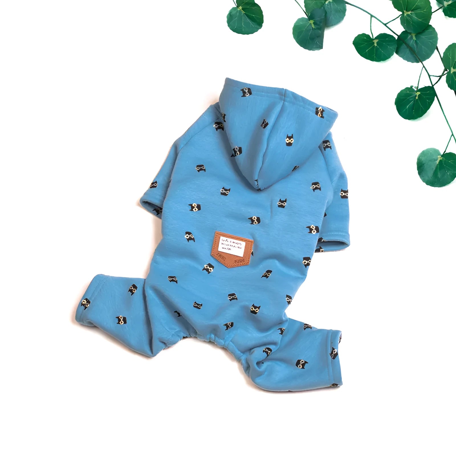 Blue velvet pet hoodie for dogs and cats, four-legged design, size XS to XXXL