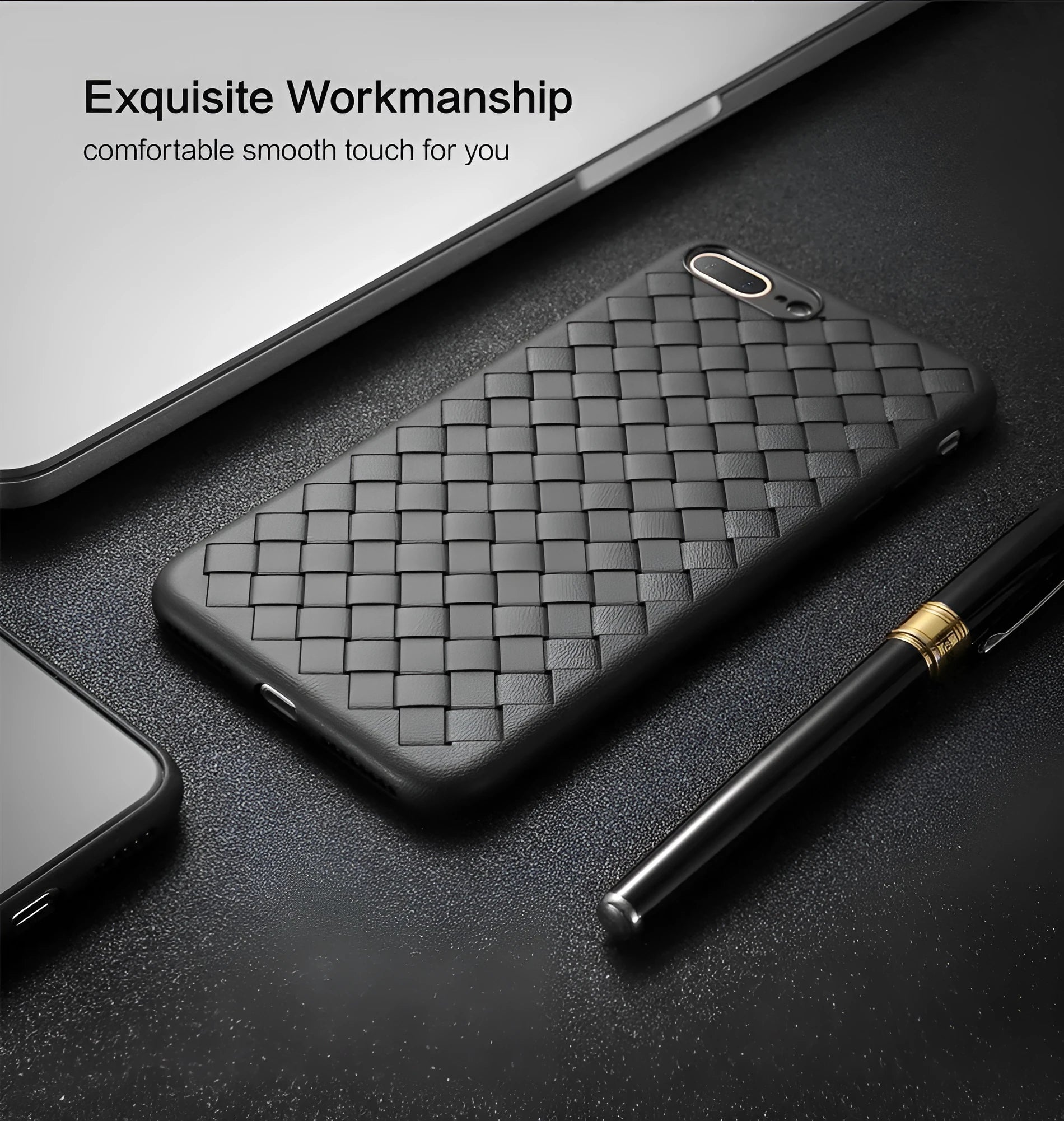 Luxury grid weaving pattern iPhone case in TPU material with hollow cooling design and raised screen protection