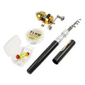 Portable telescopic fishing rod kit with gold reel and aluminium case, extended to 1m and collapsed to 20.5cm.