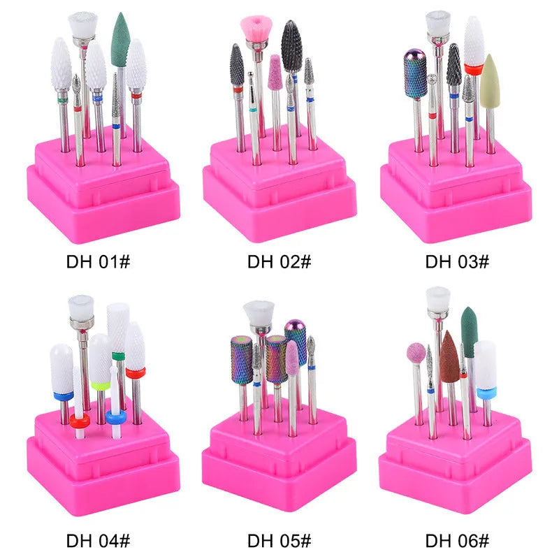 Tungsten steel nail polishing head set with 7 pieces including drill bits and brush