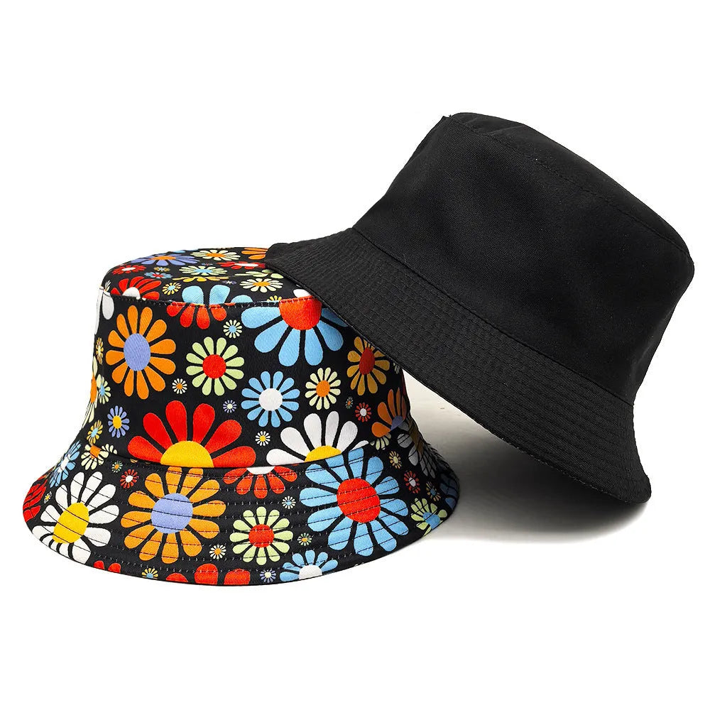 Colourful floral pattern polyester bucket hat with dome crown in size M