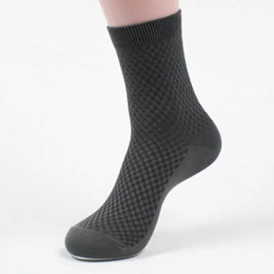 Men's bamboo fibre business socks in a small square pattern, shown in silver grey colour.
