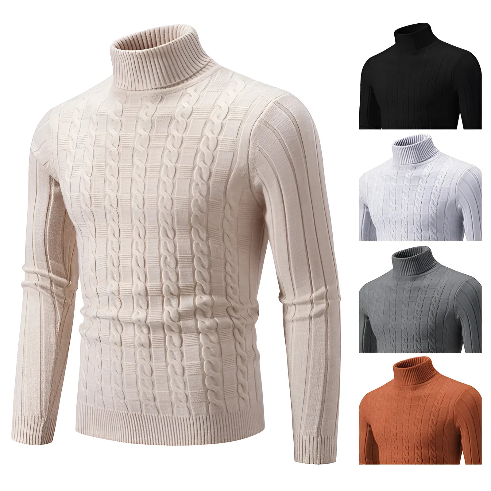 Man wearing a beige slim-fit chenille turtleneck sweater with a twist stitch texture.
