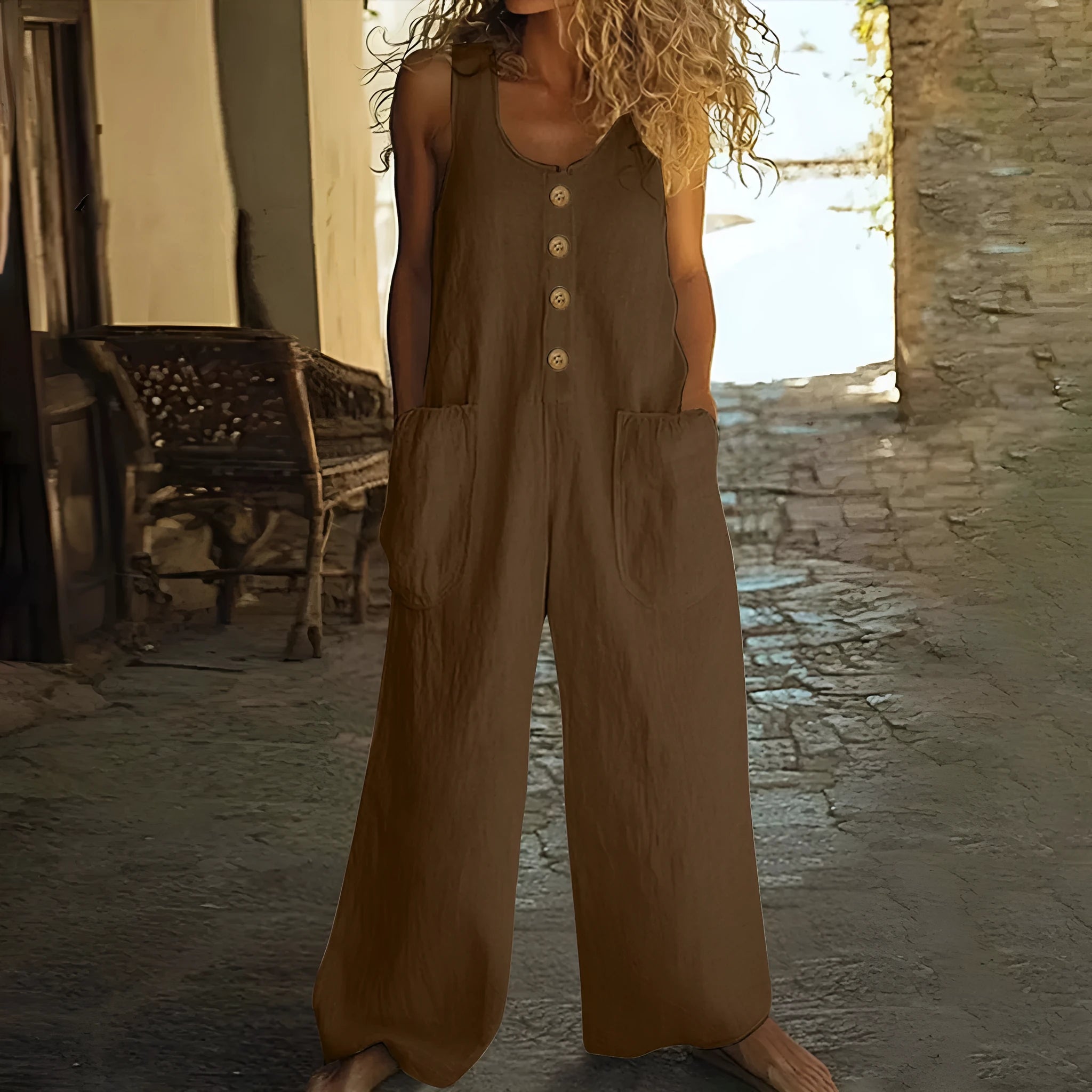 Sleeveless wide leg cotton jumpsuit in peacock green colour with pockets and elasticated waist