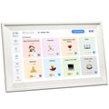 White 15.6-inch digital photo frame displaying family photos with smartphone app control interface