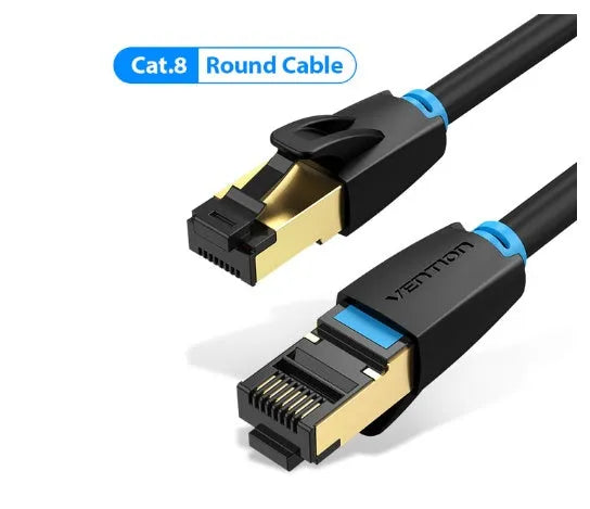 Shielded Cat8 Ethernet network cable with RJ45 connectors in flat and round style options.