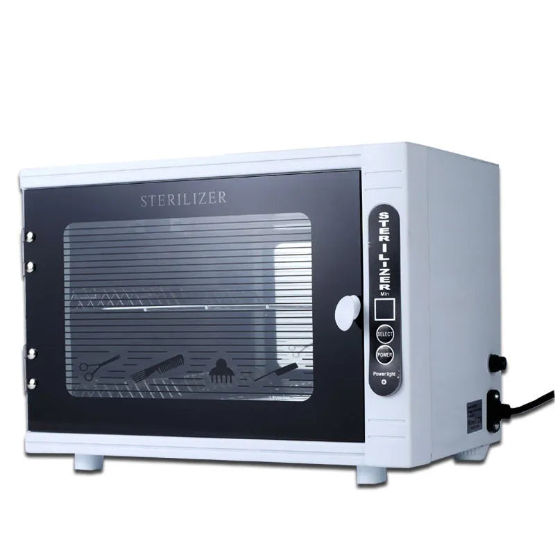 Silver UV steriliser for beauty salons with stainless steel liner and compact dimensions
