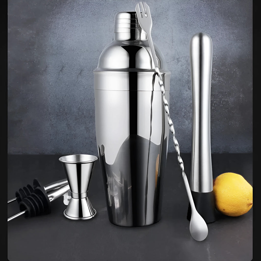 23-piece stainless steel cocktail mixing set with acrylic glasses and bar tools