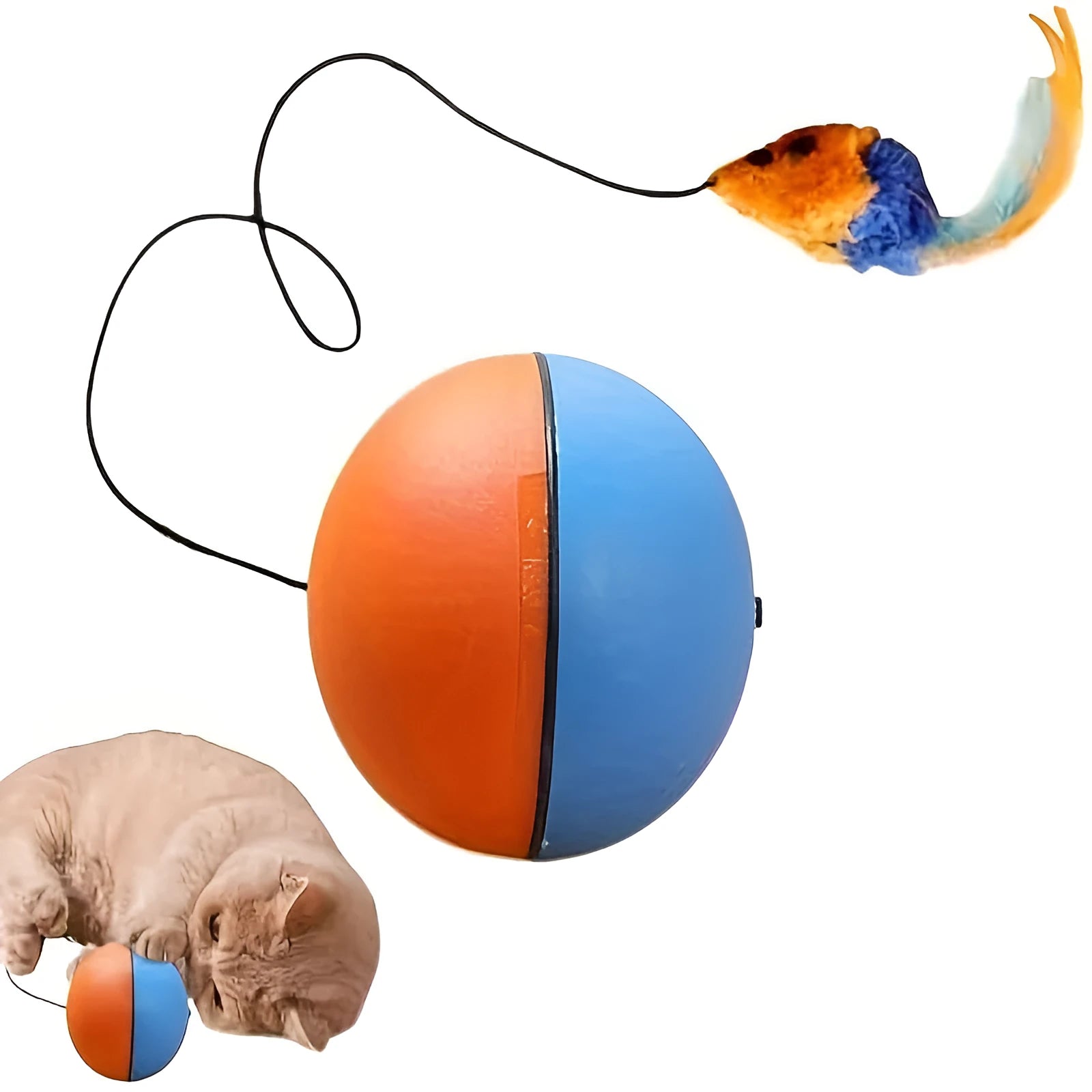 Blue and orange interactive cat toy ball with plush mouse attachment measuring 8.5cm
