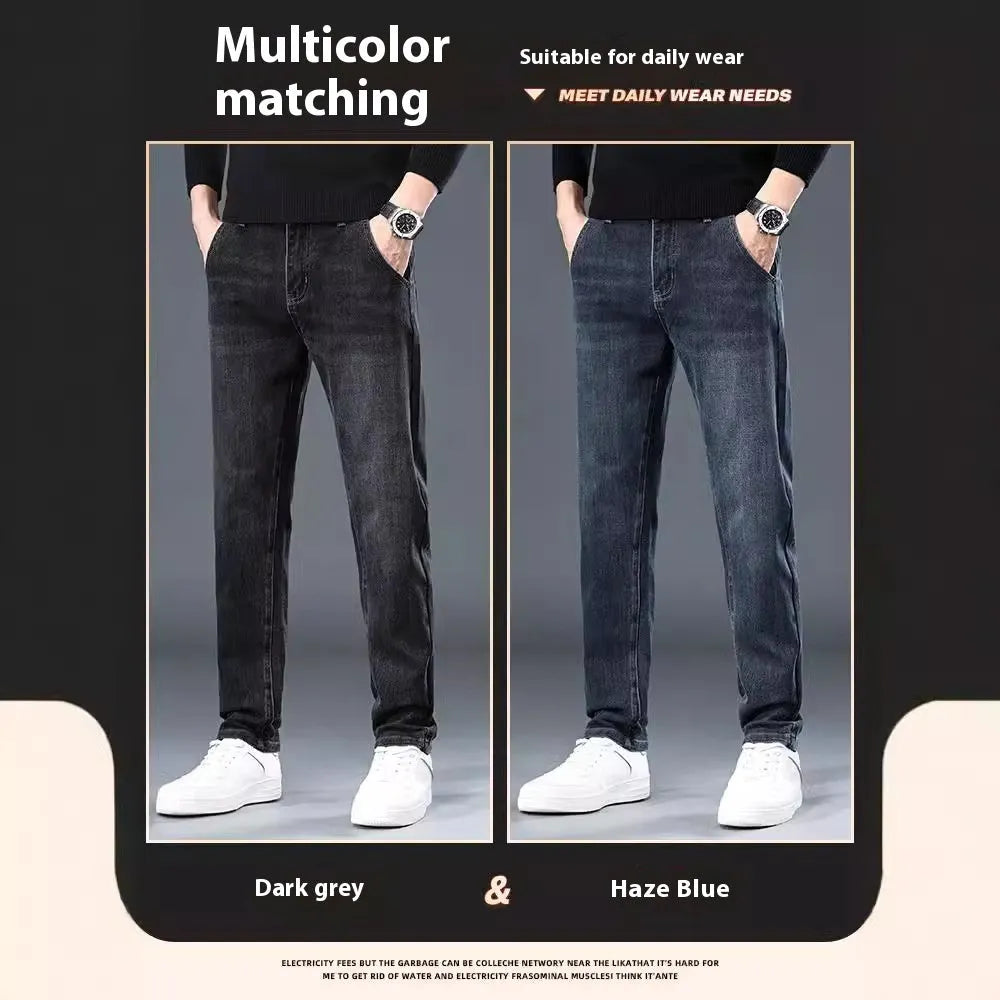 Blue grey slim straight casual men's trousers with a loose fit and mid waist.