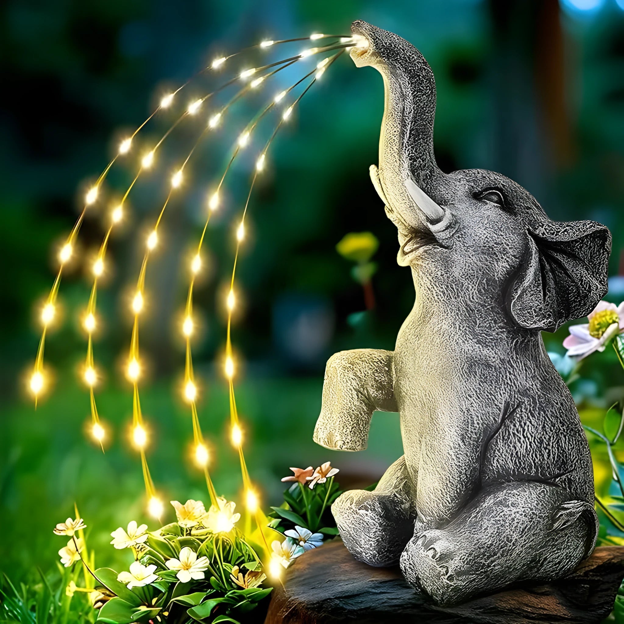 Outdoor garden elephant sculpture made from resin with integrated LED light strip for nighttime illumination