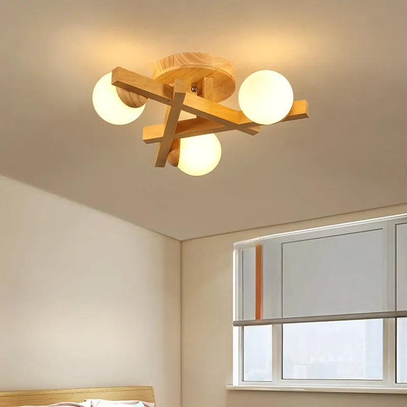 Wooden style Scandinavian three-head ceiling light with flush mount installation