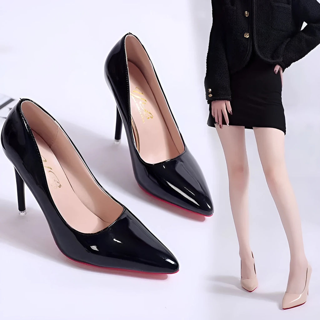 Women's solid colour stiletto heel pumps with pointed toe and shallow mouth design on a rubber sole.