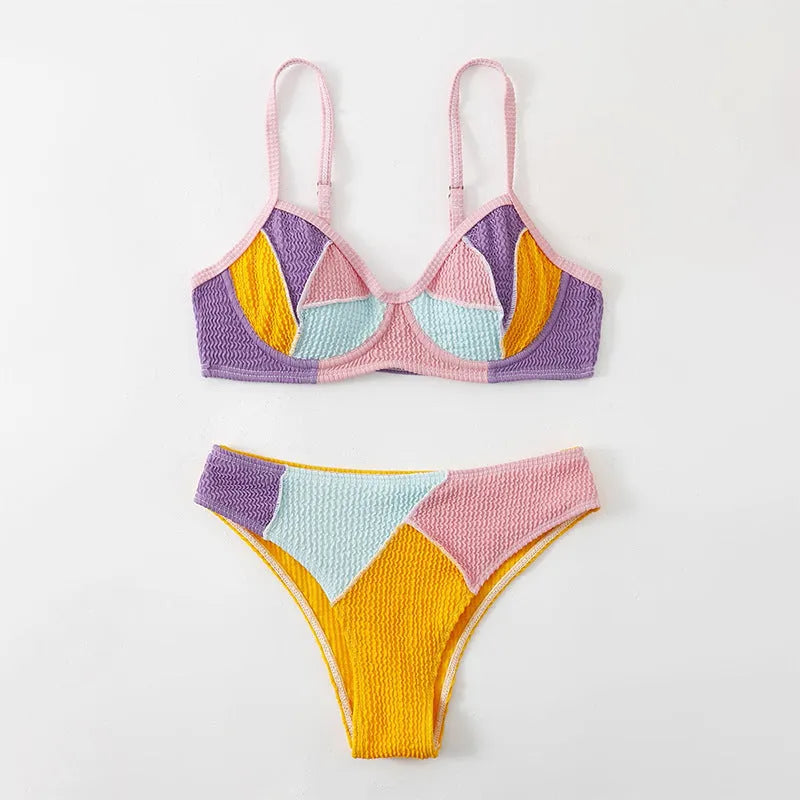 Ladies steel bracket push-up bikini set with stitching detail and matching shorts in colour matching design