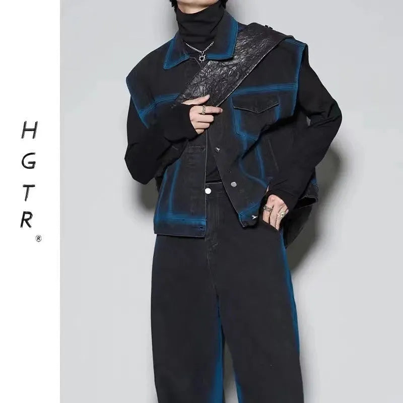 Blue distressed fleece-lined jeans suit set with colour gradient spray design