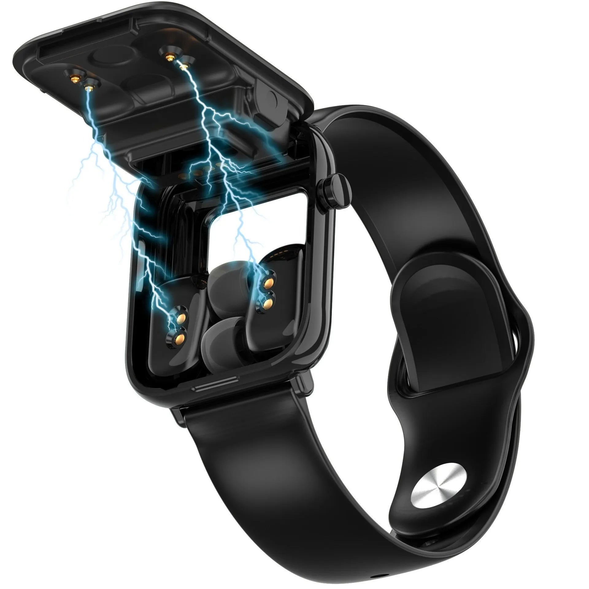 Black zinc alloy smartwatch with 1.69-inch touchscreen and wireless earpieces in charging case.