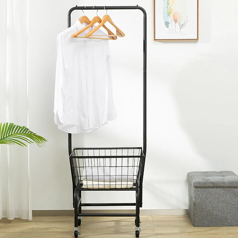 White iron pulley storage car with single rod for hanging clothes on hangers