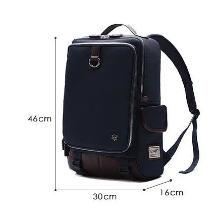 Men's modern Oxford cloth backpack in seven colour options showing dimensions of 30cm wide by 16cm thick by 46cm high