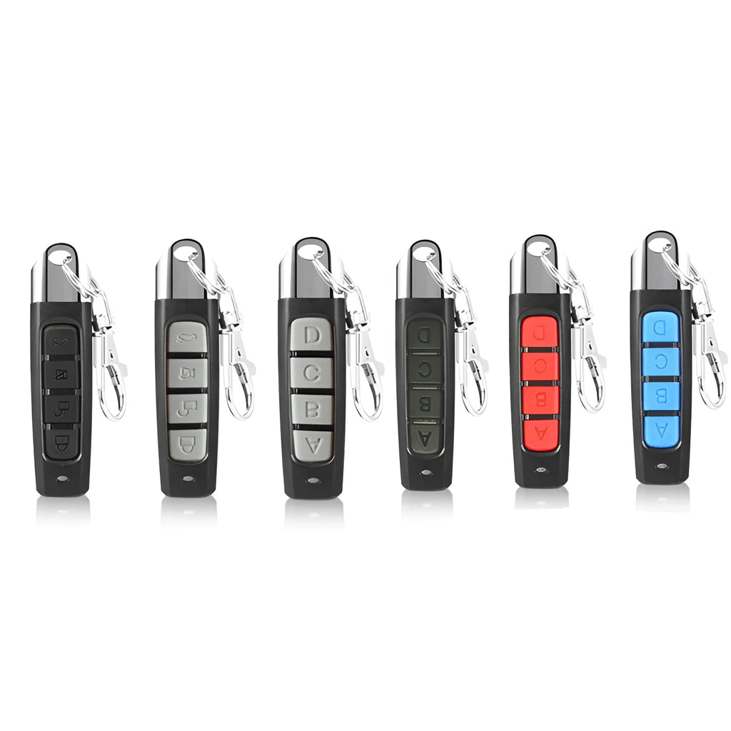 433MHz rolling door remote control measuring 6.7cm with 50-100 metre range in black, blue, grey or red