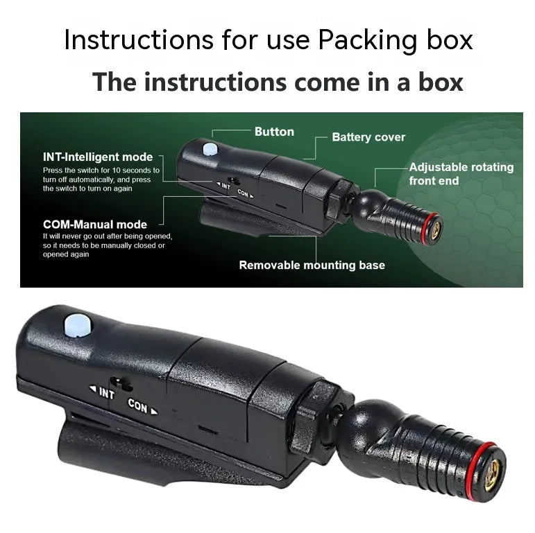 Golf putter laser aiming instrument showing four style configurations with laser sight, zipper box, and tripod accessories