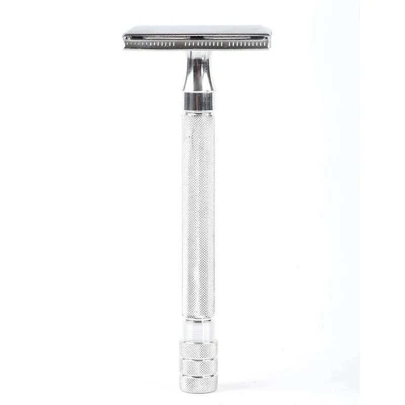 Traditional manual shaving razor and brush combination kit in black and silver metal finishes.